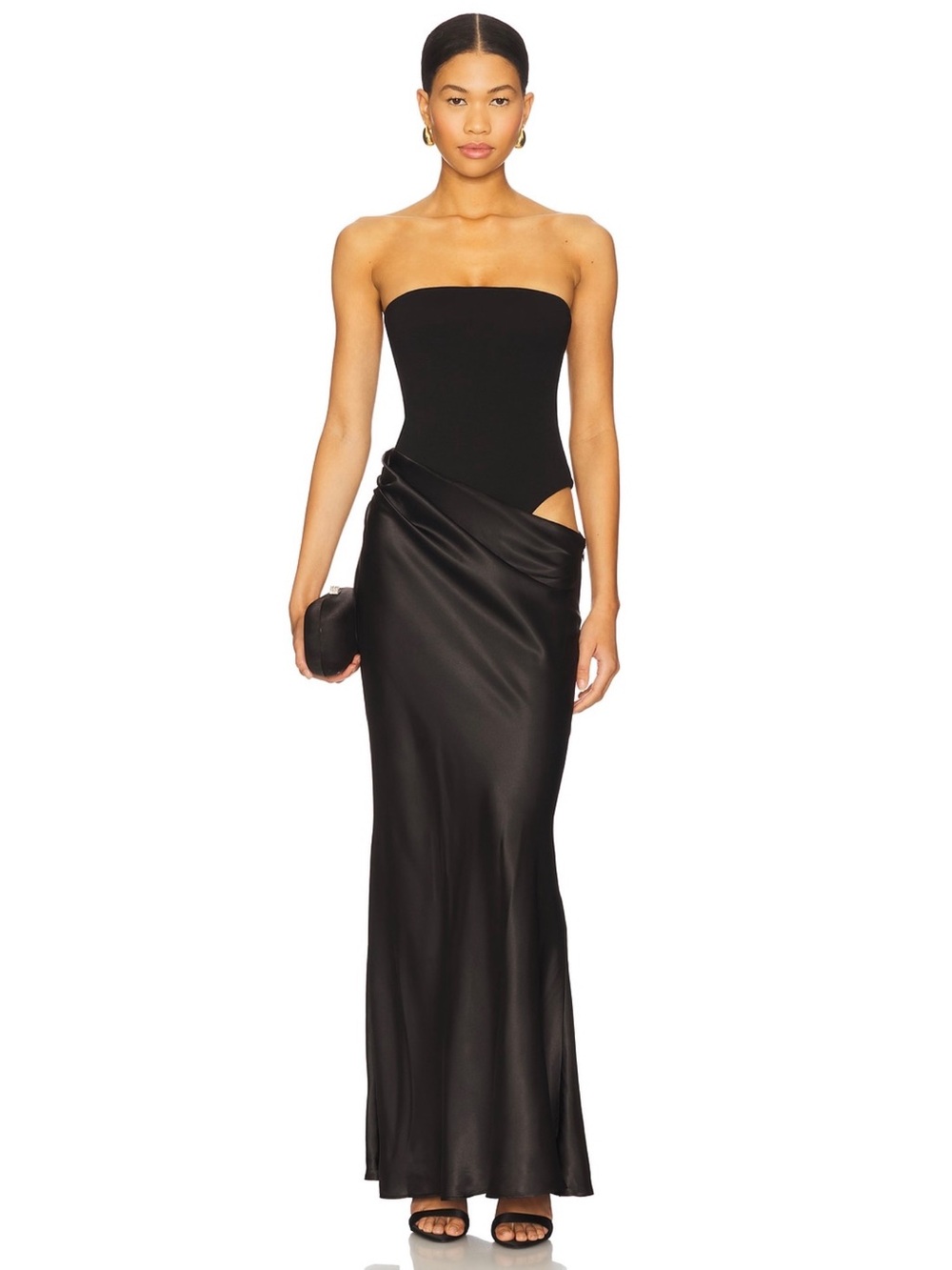 All The Ways Revolve Carrie Black Strapless Bodysuit Satin Skirt Maxi Dress NWT